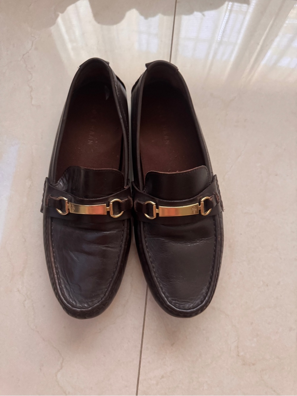 Cole Haan Dark Brown Leather Bit Loafers with Gold Accents